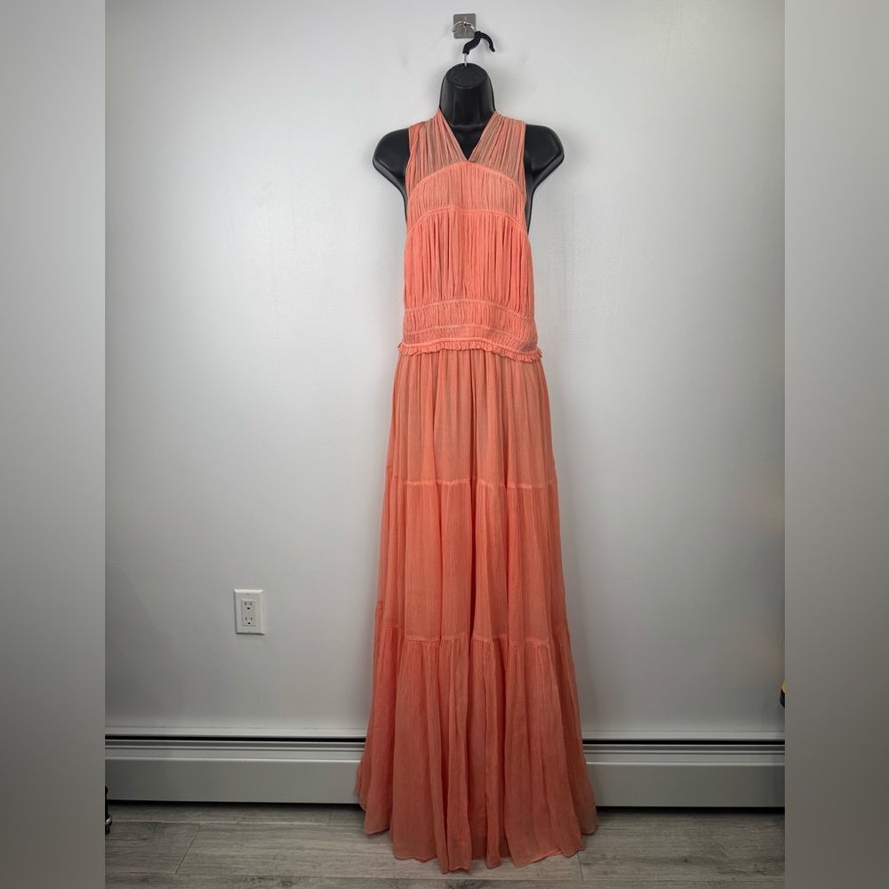 Ulla Johnson Coral Peach Halter Tiered Maxi Dress